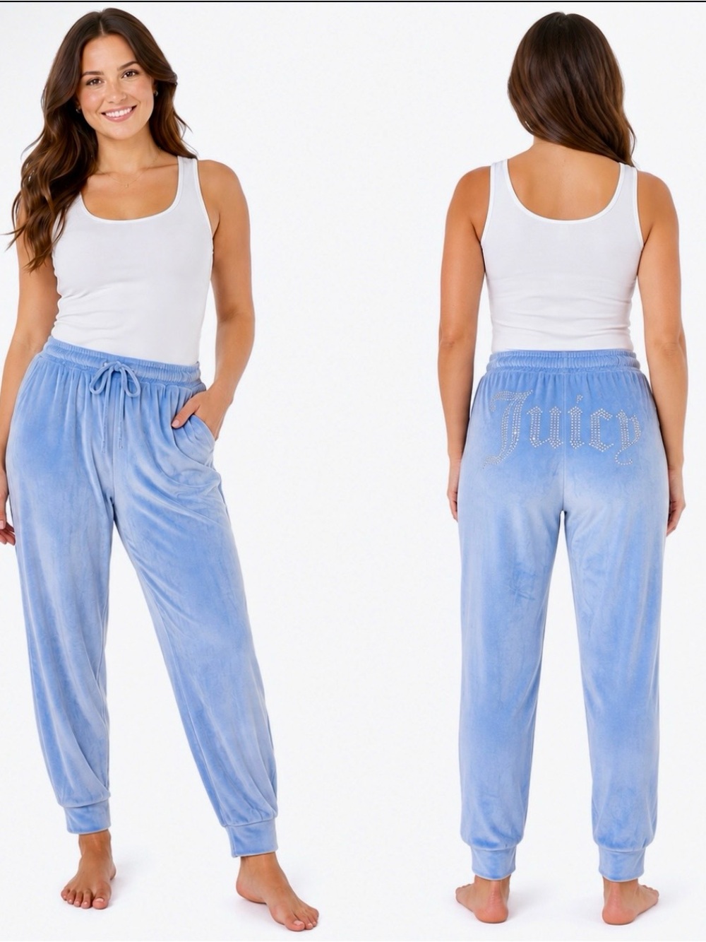 Juicy Couture Blue Velour Rhinestone Logo Drawstring Lounge Pants XL